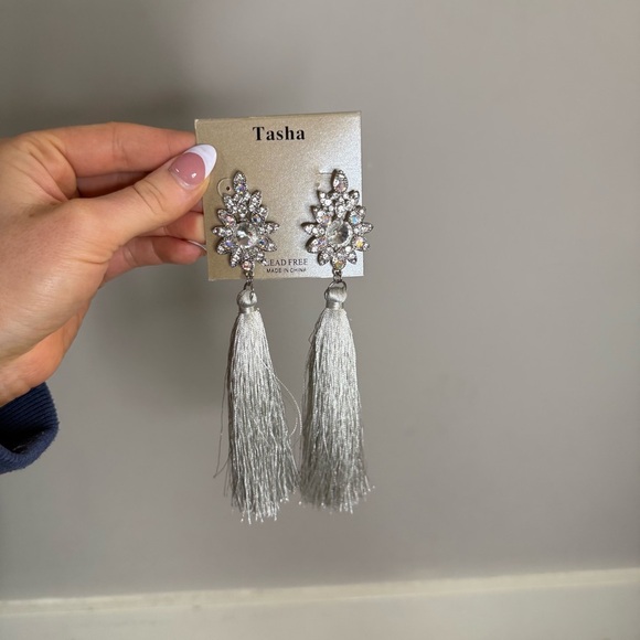 Tasha Silver Grey Tassel Earrings with Rhinestones - Picture 2 of 4